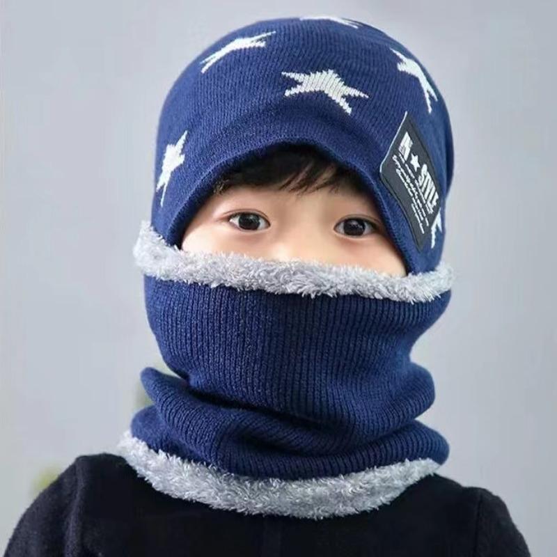 (TAGLIA)Cappelli invernali caldi lavorati a maglia con colori a contrasto in pile per set di due pezzi cappello + sciarpa per bambini