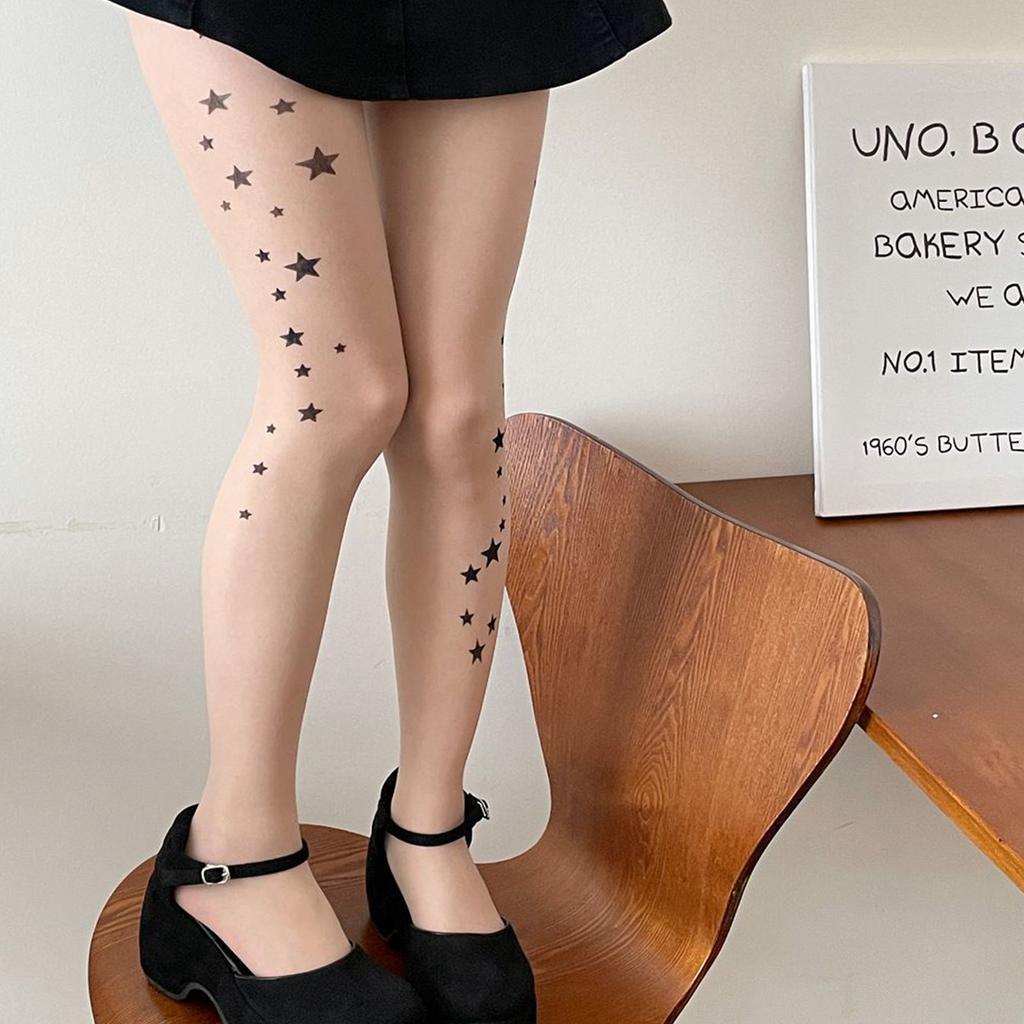 Star Print Thin Summer & Spring Stockings - Skin-Tone, See-Through, Cute & Versatile Tights