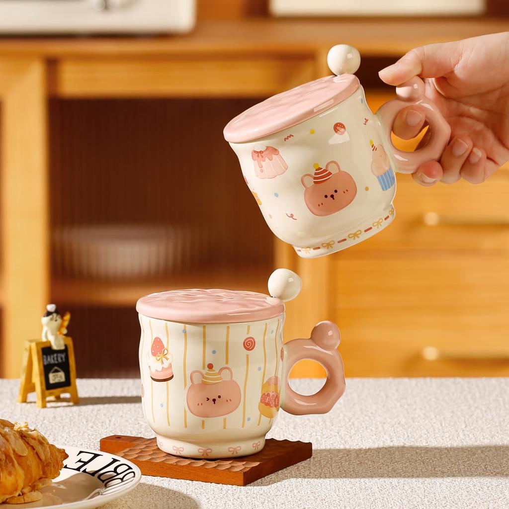 Cute Girl Heart with Cover Mug Cartoon Dessert Bear High Looking Office Ceramic Water Cup Birthday Souvenir
