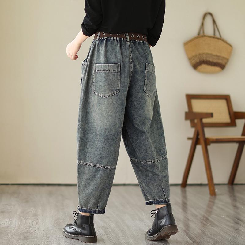 Frühling Herbst Mode Damen Vintage Denim Hose Damen Baumwollgefüttert Mehrere Taschen Knöchellang Jeans Lässige Haremshose