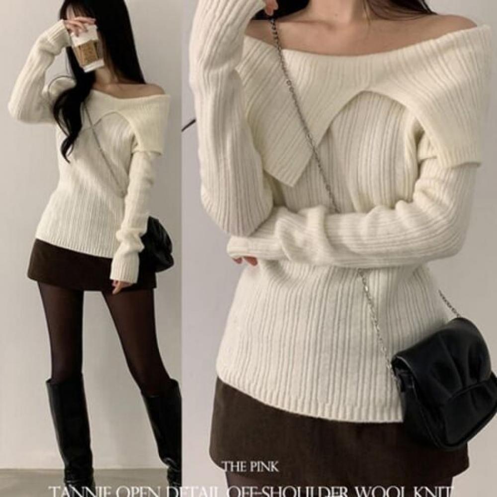 The Pink Tani Split Off Shoulder Wool Knit