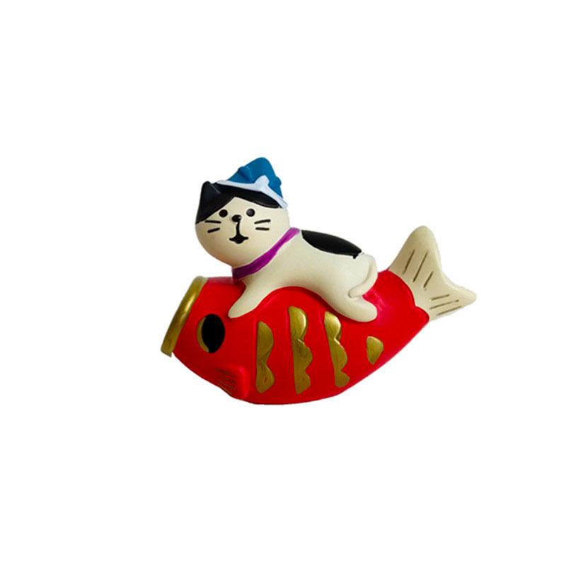 Japanese Zakka Year of the Pig Ornament: Pig-Riding Cat Blessing Figurine