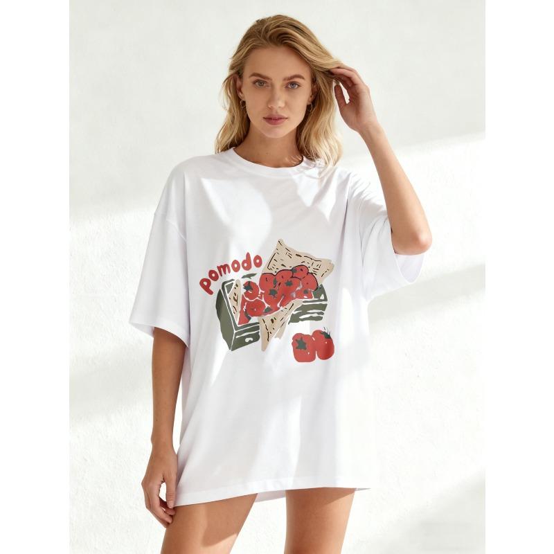 Oversized T Shirt Black Pomodoro Tomato Print And Text Casual Wear For Women Summer Outfit Streetwear Fashion Trendy Top
