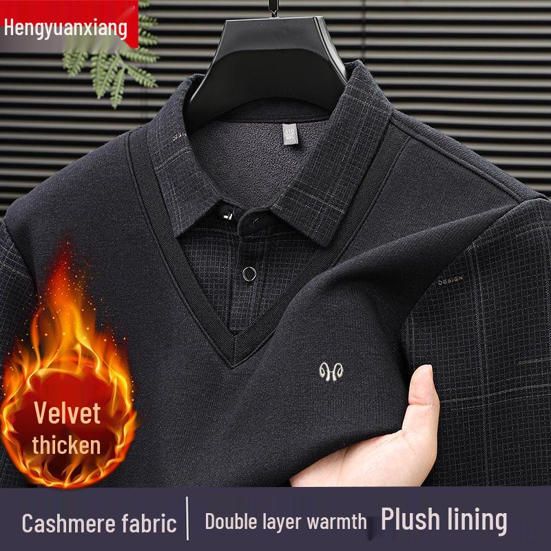 Hengyuanxiang Men's Pure Cashmere Two-Piece Look Thickened Winter Sweater