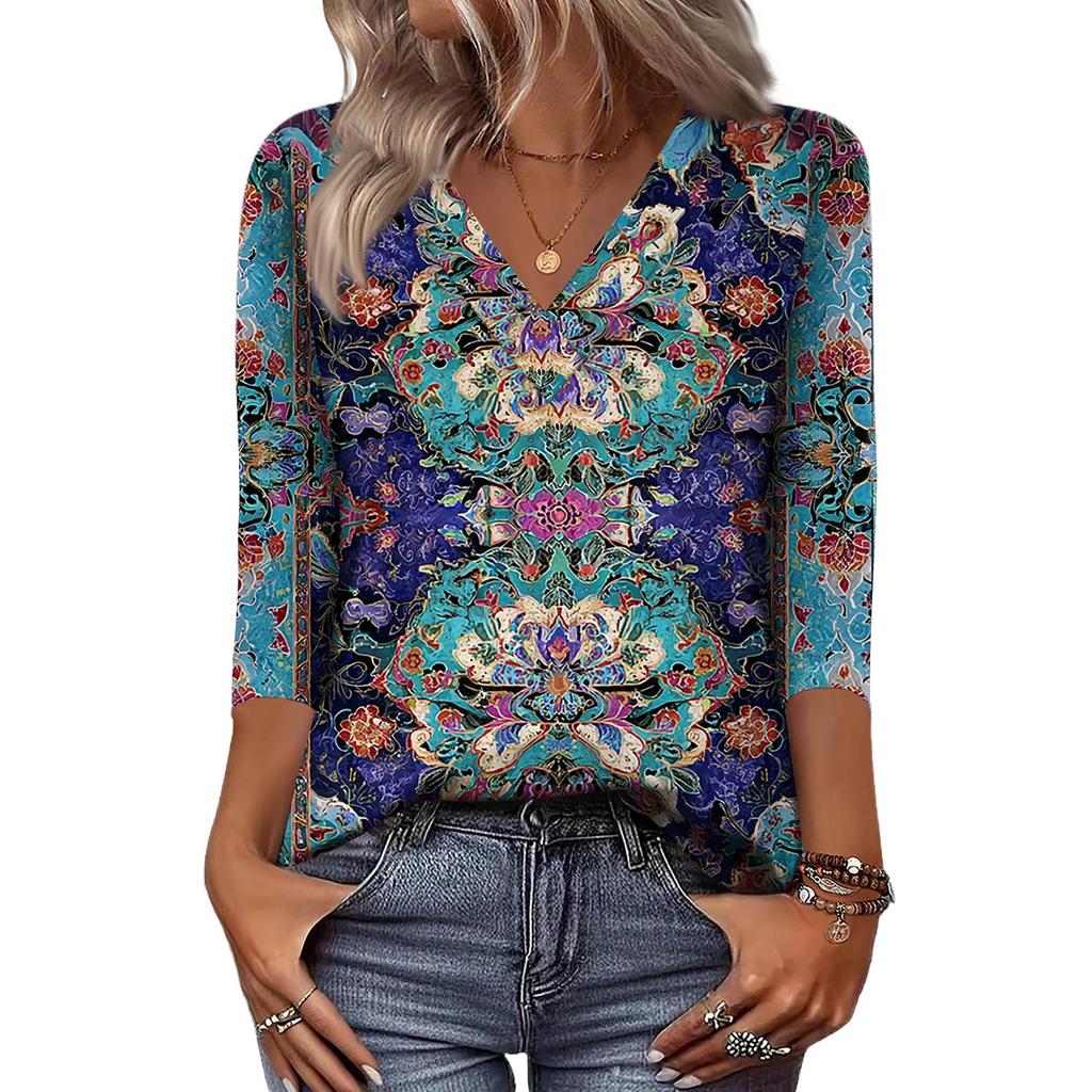 Women's 3/4 Sleeve Shirts V Neck Print Tops Casual Tops Basic Tees Blouse Loose Tops