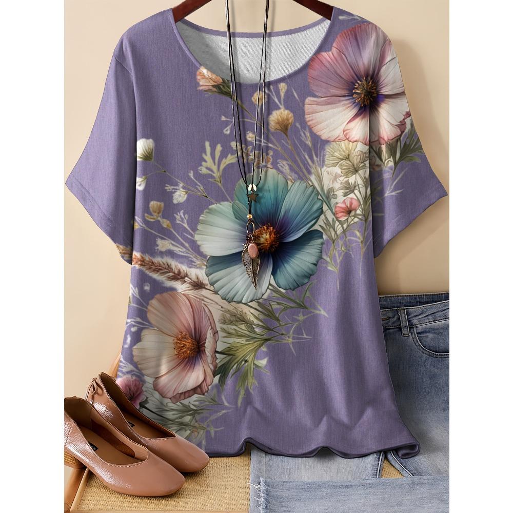 Summer Womens Retro Flower Pattern 3D Printed Color T-shirt Loose Comfortable Soft Breathable Large Size Fashion O-neck T-shirt