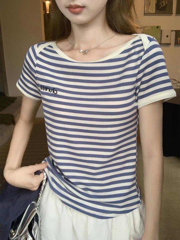 Korean striped contrasting color embroidered short-sleeved t-shirt women's summer new loose and thin niche design top