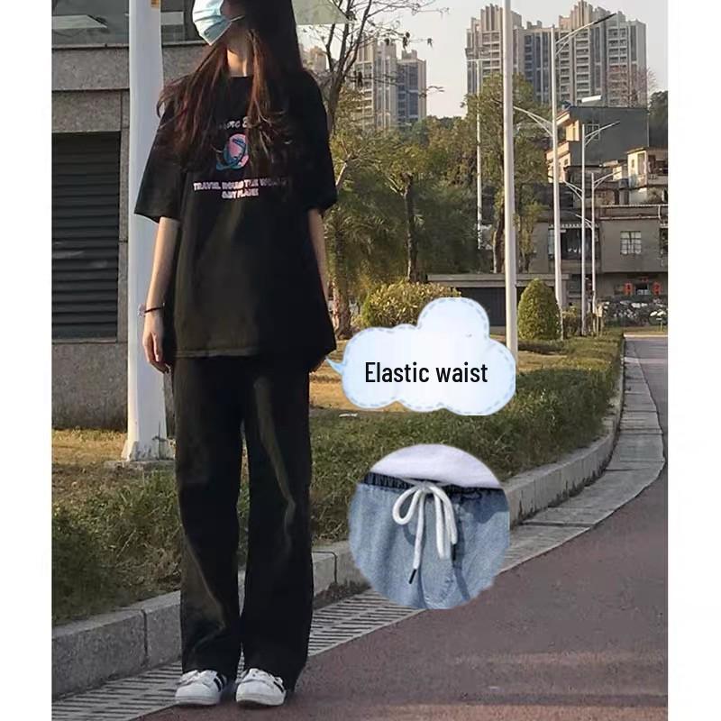Women's Hong Kong Style Casual Solid Color Wide-Leg Jeans with Elastic Waist and Drawstring Design