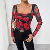 Women S French Style Rose Floral Mesh Print Sexy U Neck Long Sleeve T Shirt