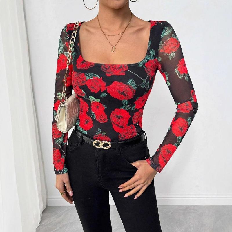 Women S French Style Rose Floral Mesh Print Sexy U Neck Long Sleeve T Shirt