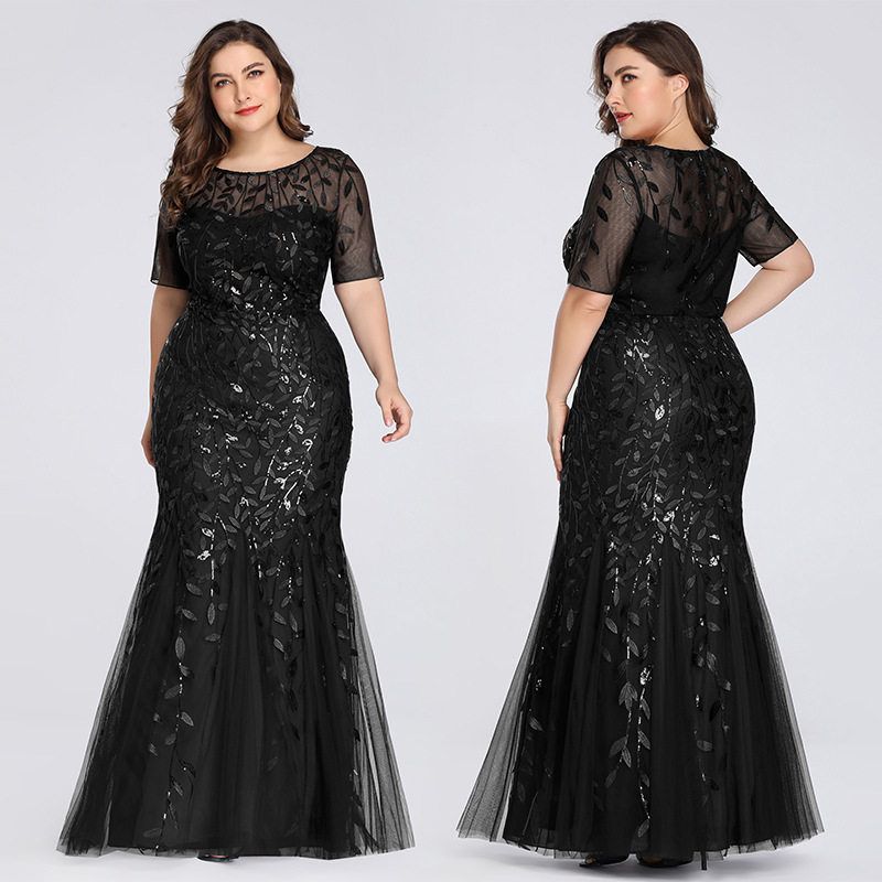 Plus-Size Bridesmaid Evening Gown with Sequins, Mesh, Mermaid Silhouette, Slim Fit, Suitable for Banquets, Performances, and Hosting, Long Dress