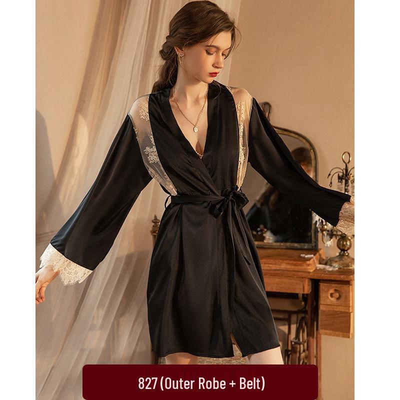 Gold Velvet Spaghetti Strap Nightgown with Chest Pads and Lace Trim - Autumn/Winter Collection