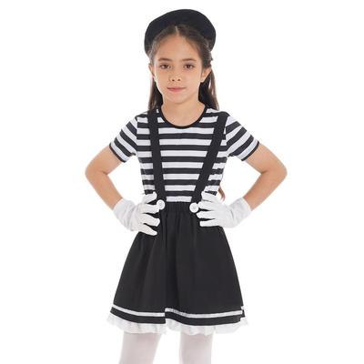Halloween Mime Artist Cosplay Costume Kids Girls Stripes Print Suspender Dress With Hat And Gloves