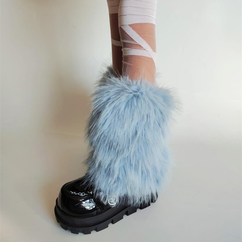 Plush Furry Leg Warmers for Women Cozy Winter Boot Toppers Thermal Warm Blue Fuzzy Foot Covers Footless Socks Gaiters