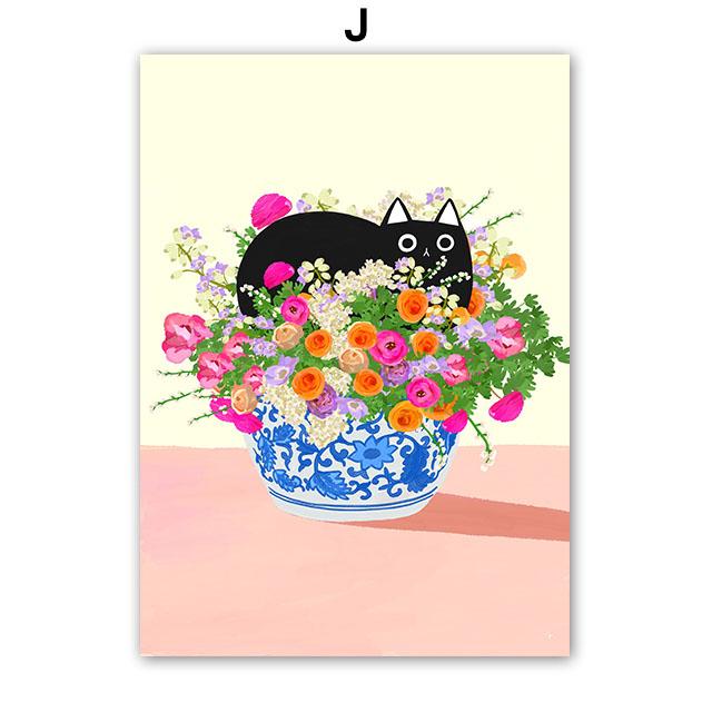 Fashion Colorful Cat Vase Leaf Flower Illustration Wall Art Canvas Painting Abstract Plant Posters Prints Pictures for Kids Room