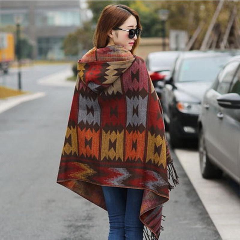 Bohemian Ethnic Toggle Hooded Cape Shawl - Thick Warm Imitation Cashmere for Women