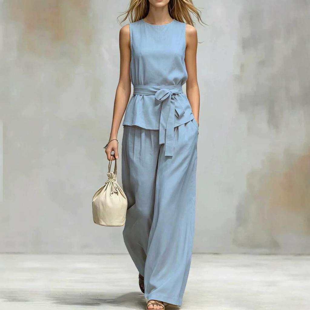 Women Solid Color Sleeveless Jumpsuit Round Neck Self Tie Belt Wide Leg Pants Casual Loose Fit Long Overalls