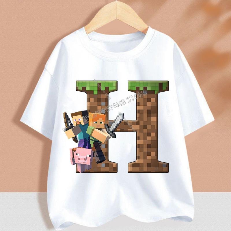 Hot Pixel Game T-shirt Children A-Z Letter White Clothes Cartoon Round Collar Clothing New Kids Short Sleeve Summer Tee Top Gift