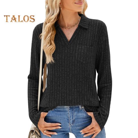 

Женский свитер с V-образным вырезом и лацканами, нагрудный карман, длинный рукав, однотонный трикотажный топ, ребристый повседневный свитер S чёрный