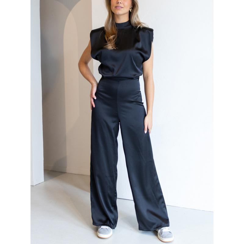 Women's Sleeveless High Neck Satin Jumpsuit with Wide Legs In Navy Blue