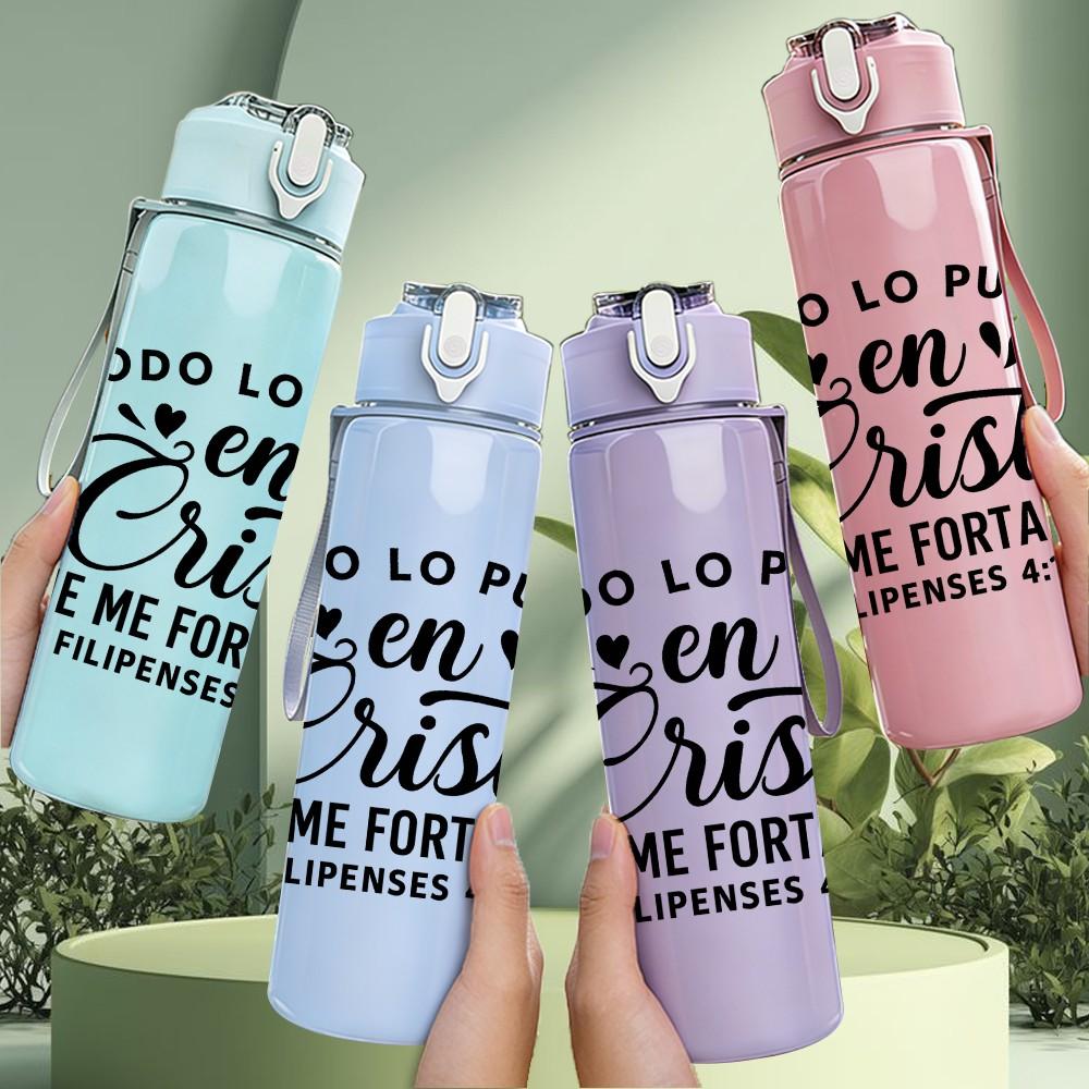 1PC Todo Lo Puedo En Cristo Quote 750ml Color Plastic Sports Water Bottle Leakproof Flip Straw Lid Suitable for Sports Office Home Use