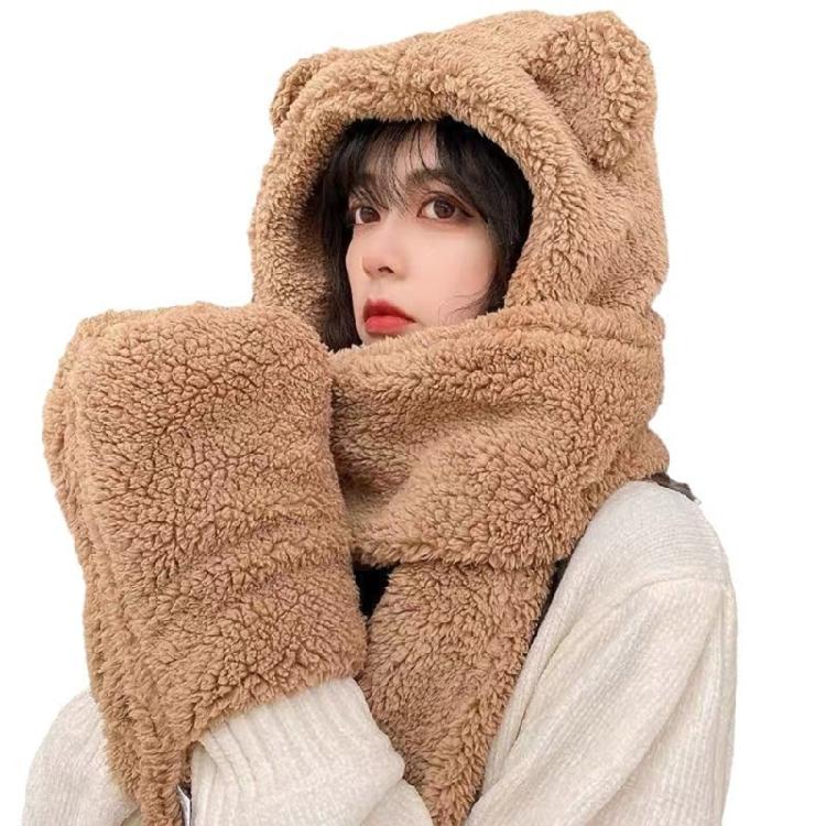 3 in 1 Girl Scarf Bear Hat Furry Caps Scarf with Gloves Set Winter Warm Headgear for Casual Outdoor Wear