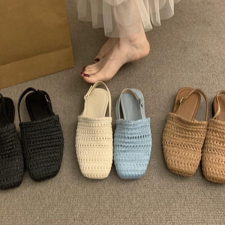 Thick Heel Shallow Mouth Straw Woven Bag Head Empty Sandals Women's Shoes 2025 Summer New Flat Bottom One Word with Cool Single Shoes