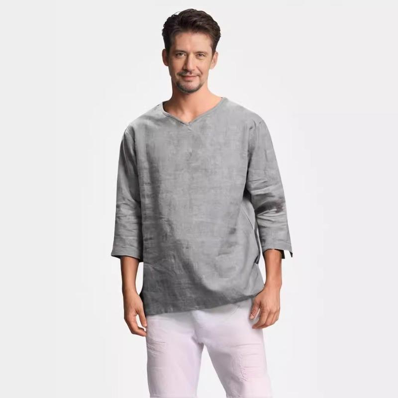 Summer Shirt Top Men's Three-quarter Sleeve V-neck Cotton and Linen Loose Shirt