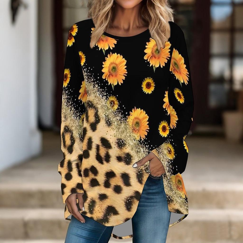 Plus Size Women Spring Floral Printed Comfy Long Sleeve Round Collar T-shirt Casual Baggy Mid Length Tee Tops