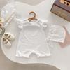 INS Korean Style Baby Girl Waffle Lace Romper - Short Sleeve Hooded Crawling Suit for Summer Newborns