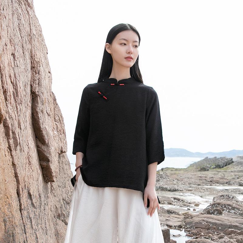 Johnature Women Chinese Style Shirts Tops Stand Long Sleeve Button Summer Solid Color Blouses Loose Shirts