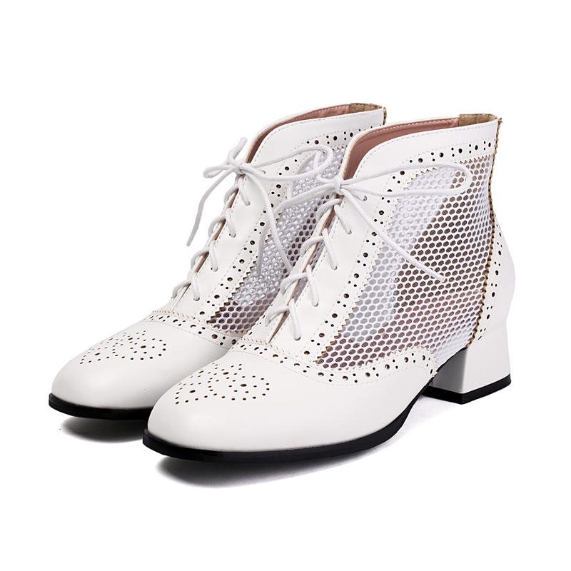 

Женские сетчатые сапоги на низком каблуке, весенние и осенние, универсальные, на толстом каблуке, большие размеры, на шнуровке, классные сапоги 42 белый
