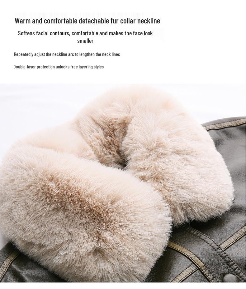 Damen Retro Winter Lederjacke mit abnehmbarem Fellkragen und Fleecefutter