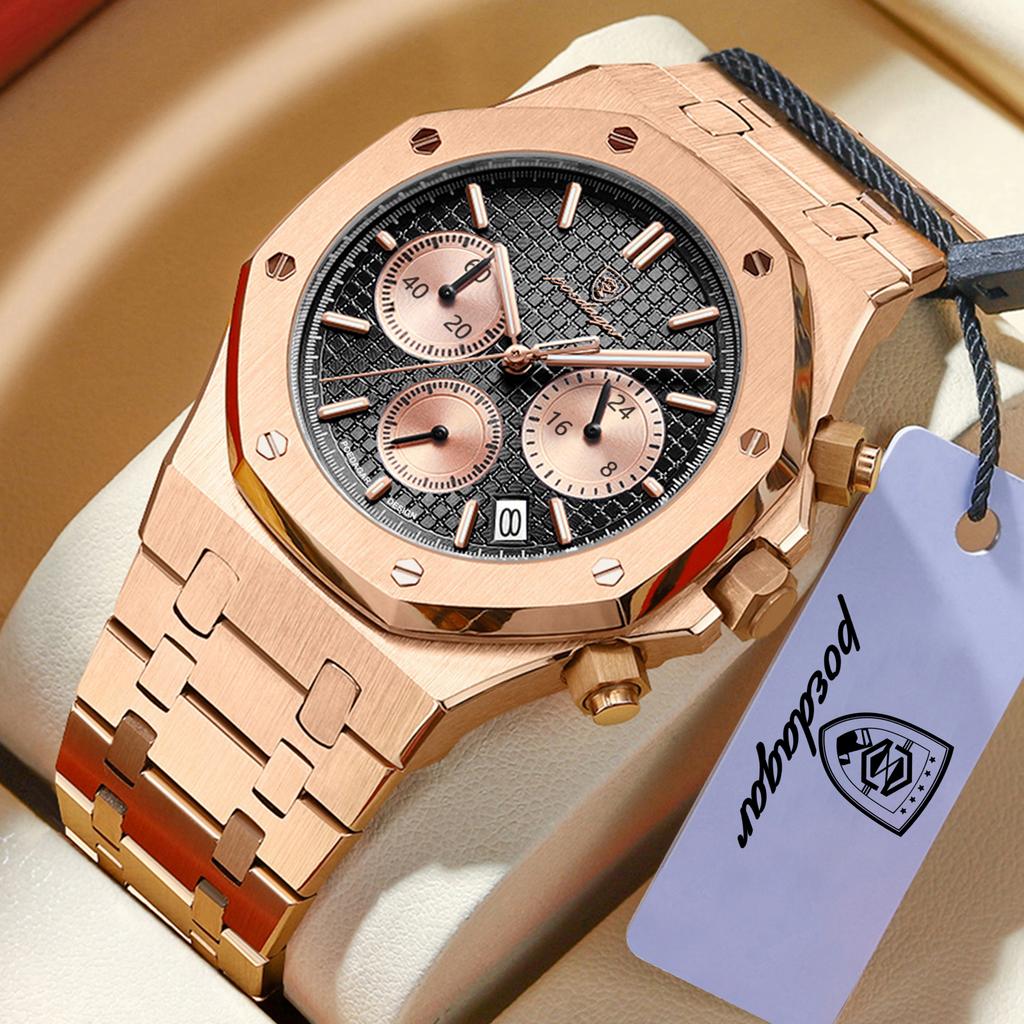 POEDAGAR Luxury Men's Watches Stainless Steel Date Chronograph Male Watch Waterproof Luminous Military Quartz Wristwatch