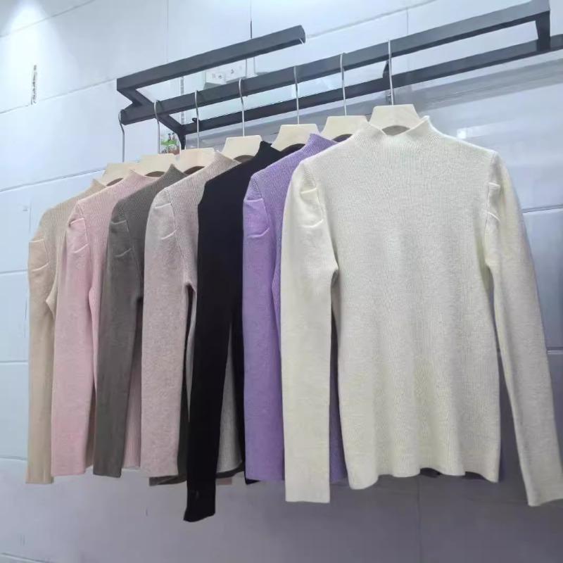 Semi-turtleneck bubble long-sleeved primer sweater for women's autumn and winter slim-fitting and thin knitted sweater short top for women