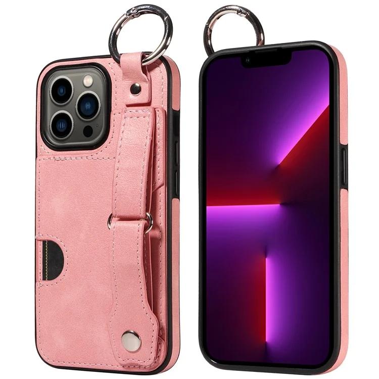 

008 For iPhone 13 Pro Case Wristband Holder Kickstand PU Leather Coated TPU Phone Cover - Pink