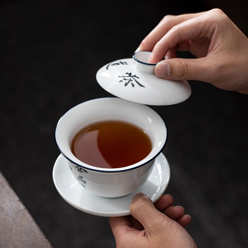 Jingdezhen-Hand Drawn Tea Bowl with Cover, Ceramic Tea Set, Large White Porcelain Covered Bowl, San Cai Gaiwan