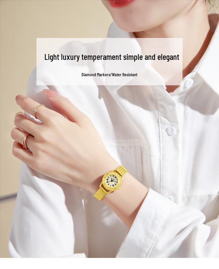 Gedi Retro Geprägte Goldene Uhr mit Weizenähren-Armband - Elegante Damen-Quarzuhr