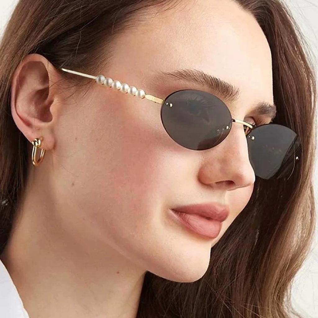 Vintage Rimless Oval Sunglasses Women For Men Luxury Brand Designer Sun Glasses Punk Popular Pearl Metal Eyeglasses Uv400