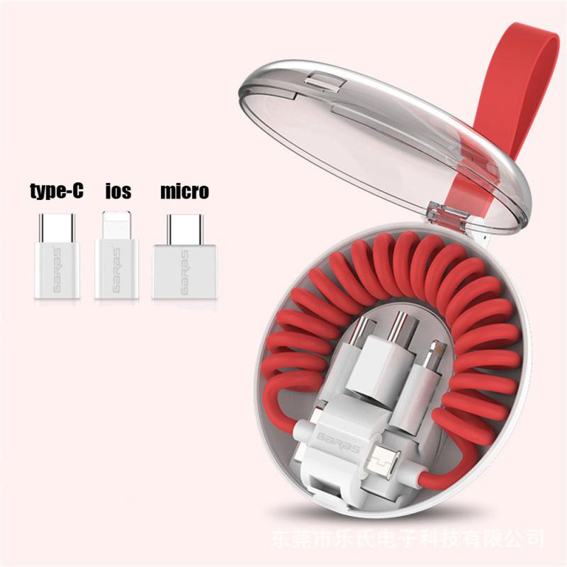Portable Telescopic Spring Data Cable With Storage Box 3-in-1 Charging And Data Transfer Usb