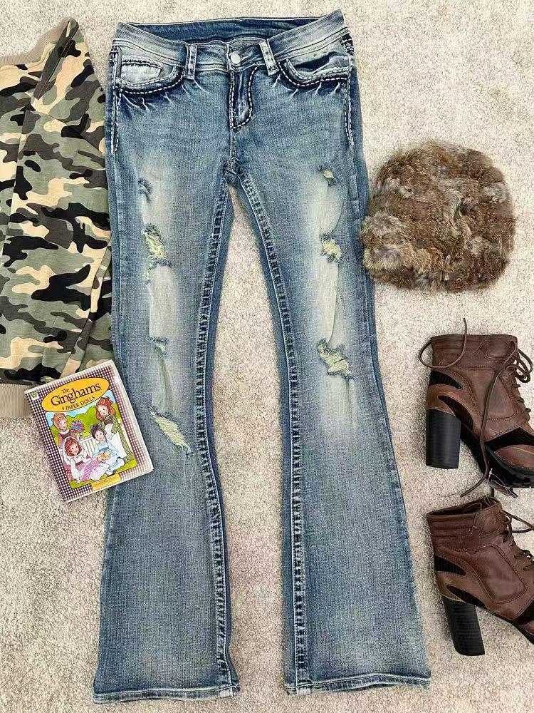

Tall Girl Low Waist Ripped Micro Flare Jeans - Slim Fit Summer Pants L