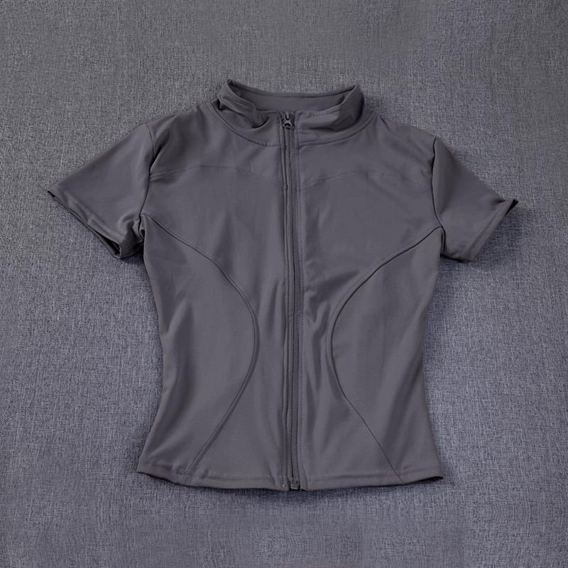 Sommer Hohe Qualität Taillenformende Trainings-Tops Damen Schnelltrocknend Enganliegend Stehkragen Durchgehender Reißverschluss Kurze Ärmel Yoga-Shirts