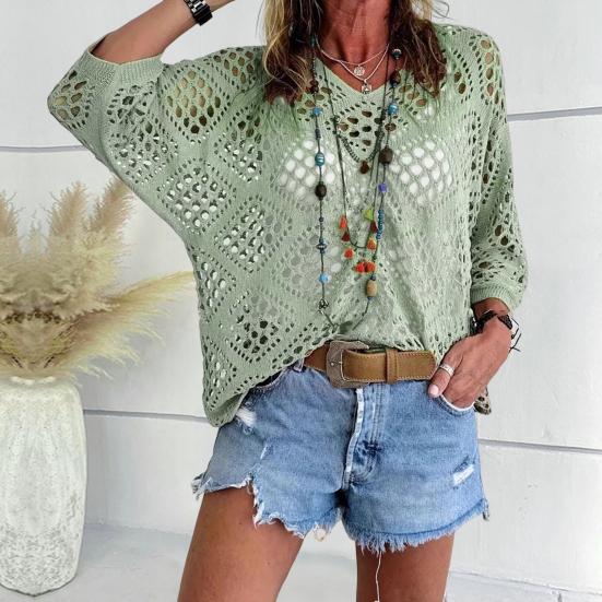 

Women Knitting Tops V-Neck 45720 Sleeve Hollow Knitted Design Pullover Tops Solid Color Loose Fit M абрикосовий