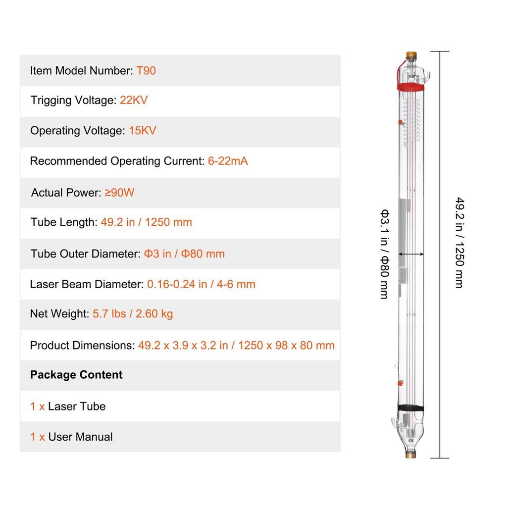 90W CO2 Laser Tube 49.2 in / 1250 mm Borosilicate Glass Laser Cutter Tube