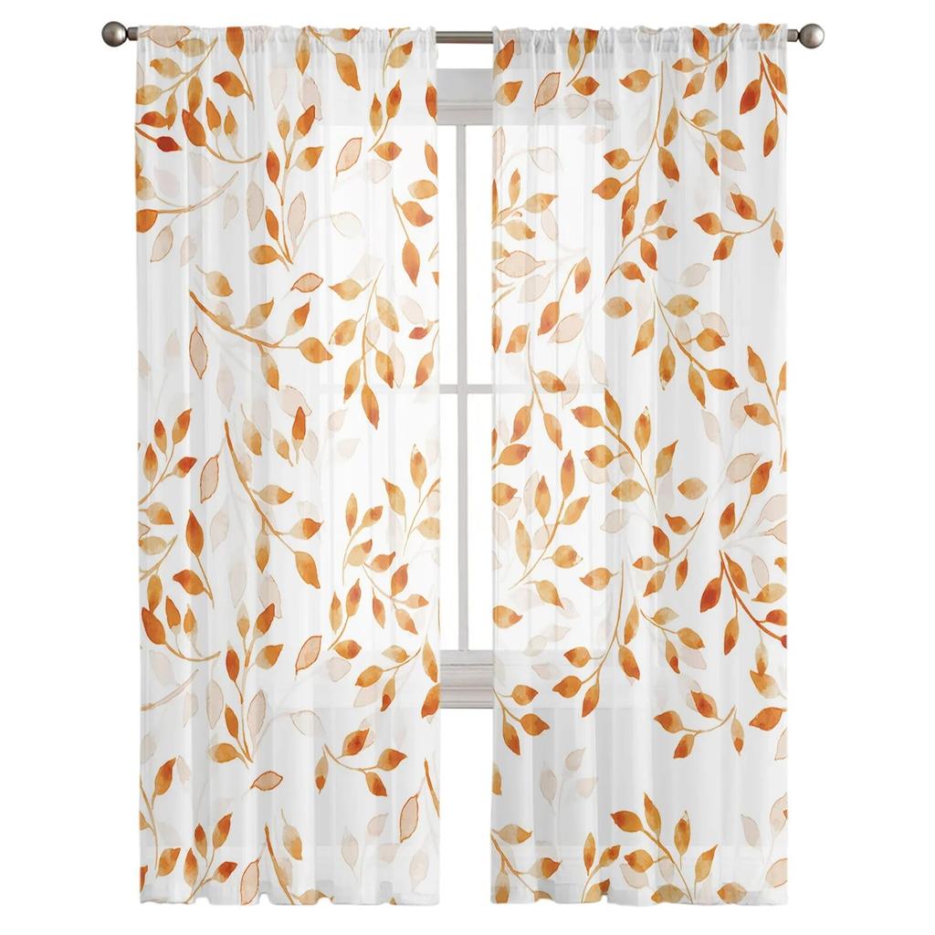 Orange Abstract Plant Leaf Texture Autumn Bedroom Transparent Sheer Curtains Holiday Decoration Window Voile Tulle Curtain