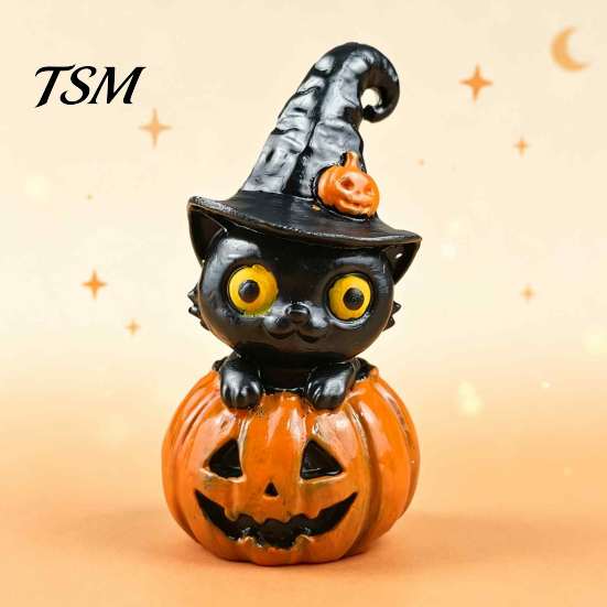 Decorative Desktop Sculptures Halloween Black Cat & Pumpkin Resin Ornaments, Cute Figurines, Tiered Tray Fall Decorations Cartoon And Statue for Home