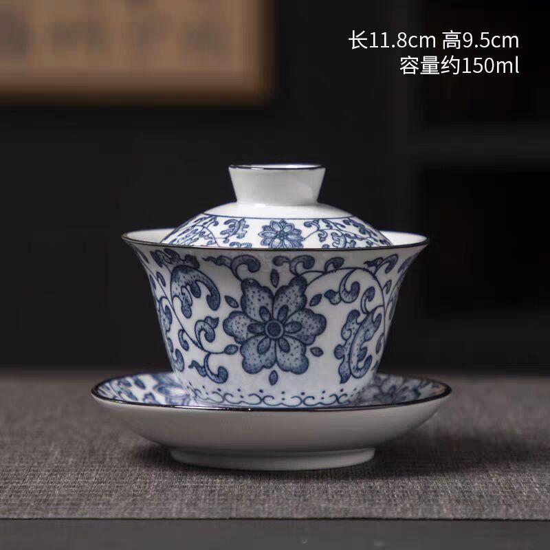 Blue And White Porcelain Sancai Cover Bowl Dehua Ceramics Retro Home Office Single Tea Bowl Teacup Kung Fu Tea Set