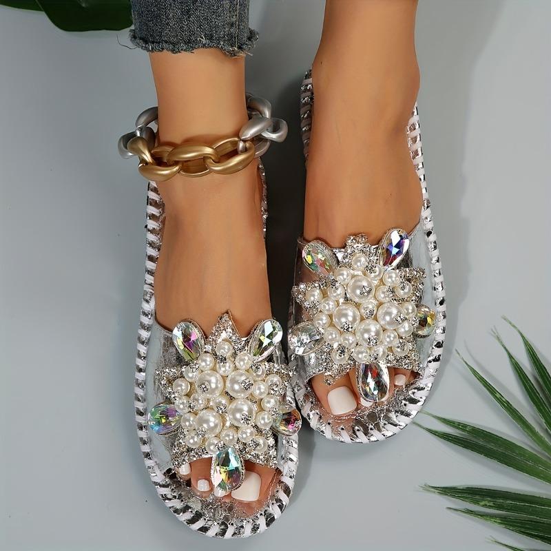 [Hand Stitched | Fashion] Floral Rhinestone Pearl Women's Hand Stitched Slipper | Fashion Cool Open Toe | For Outdoor