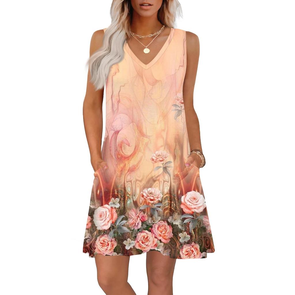 Women's Summer Dresses Loose Fit Printed V Neck Sleeveless Sundresses Beach Hawaiian Dress With Pockets