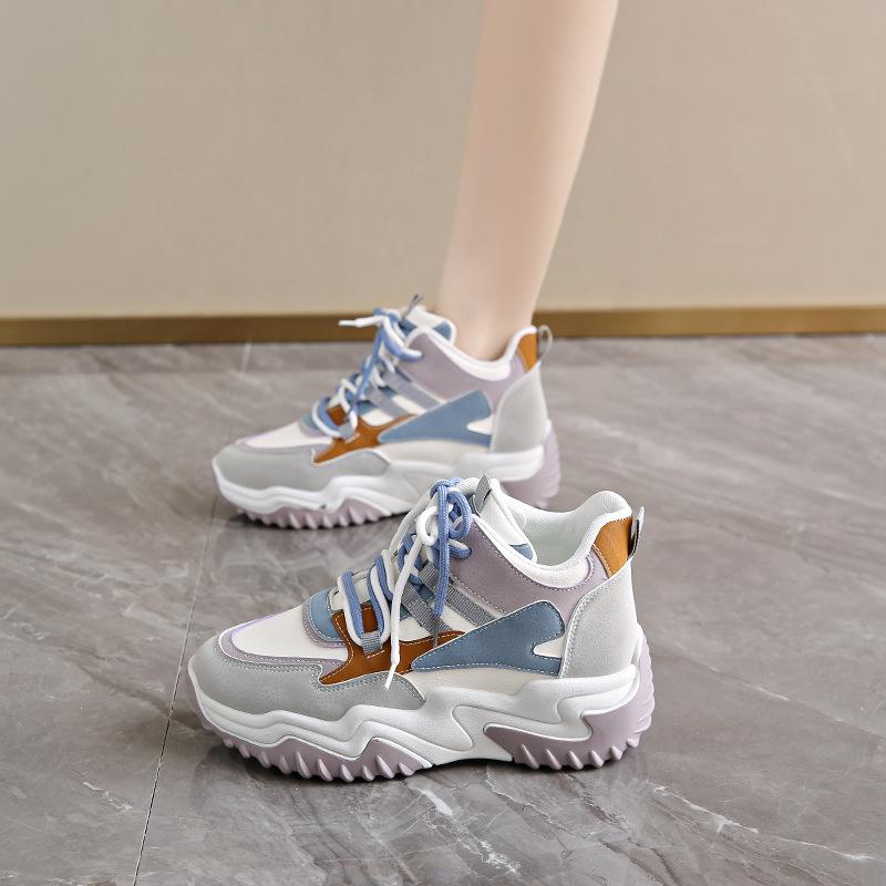 Autumn women's shoes new breathable high-top sports shoes children's Korean version versatile thick-soled heightening casual dad shoes trendy shoes